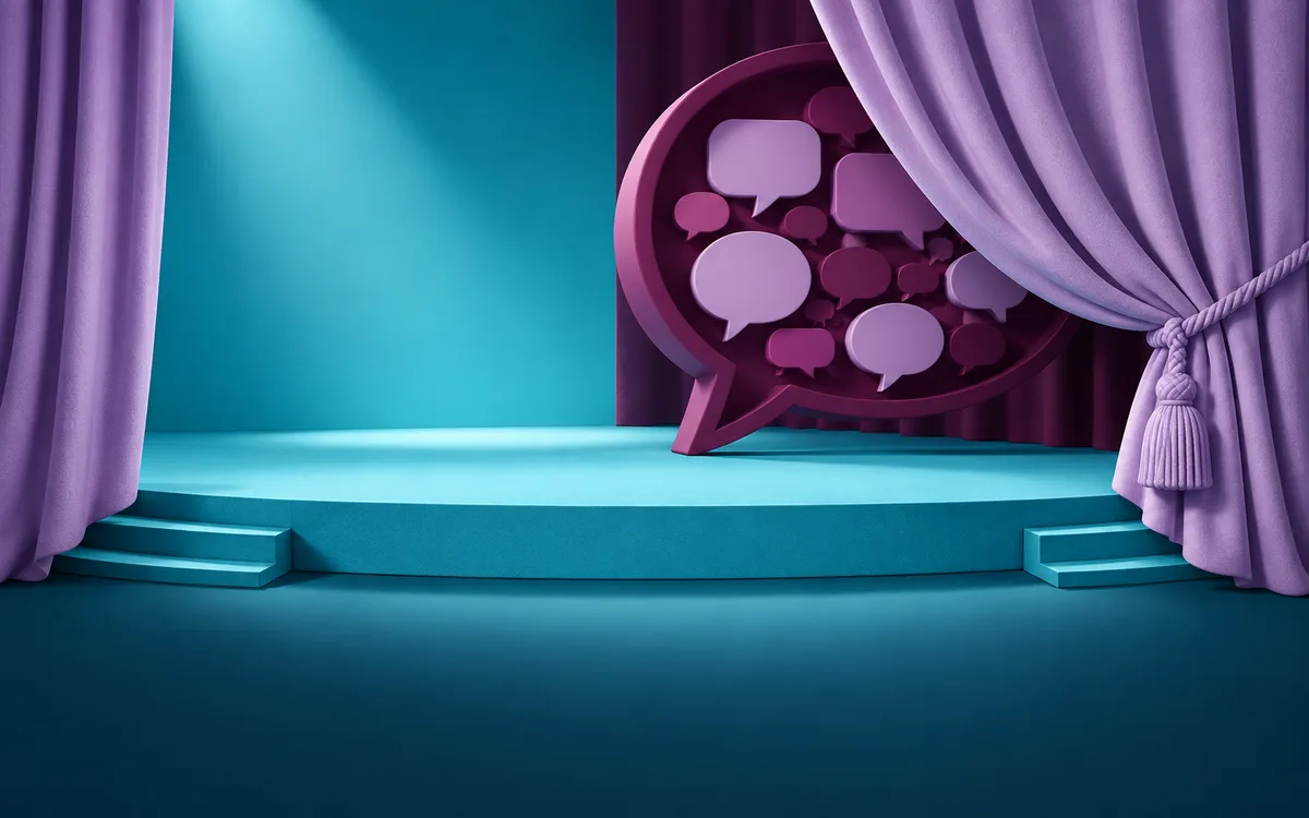 Illustration of Private team messages behind a curtain beside a visible presentation stage.