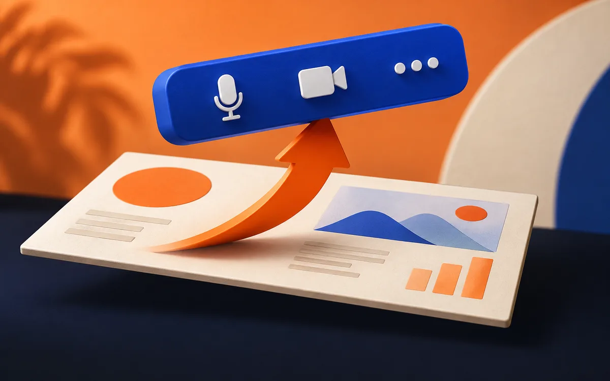 Illustration of Meeting controls lifting away from the presentation they overlap.