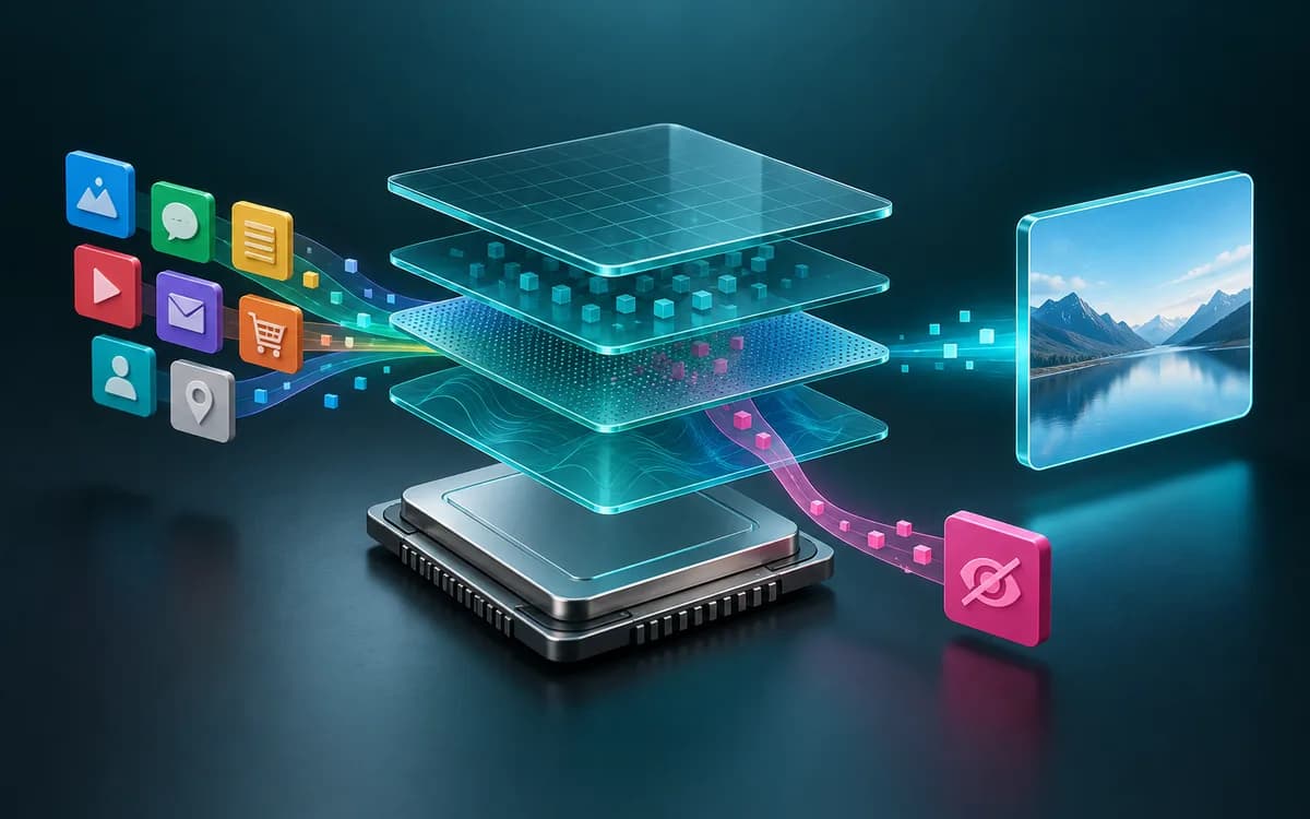 Ilustración de un chip del dispositivo y un filtro por capas que desvía una app privada de la salida.