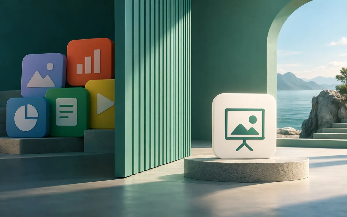 Illustration of a selective screen boundary separating private app tiles from a presentation.