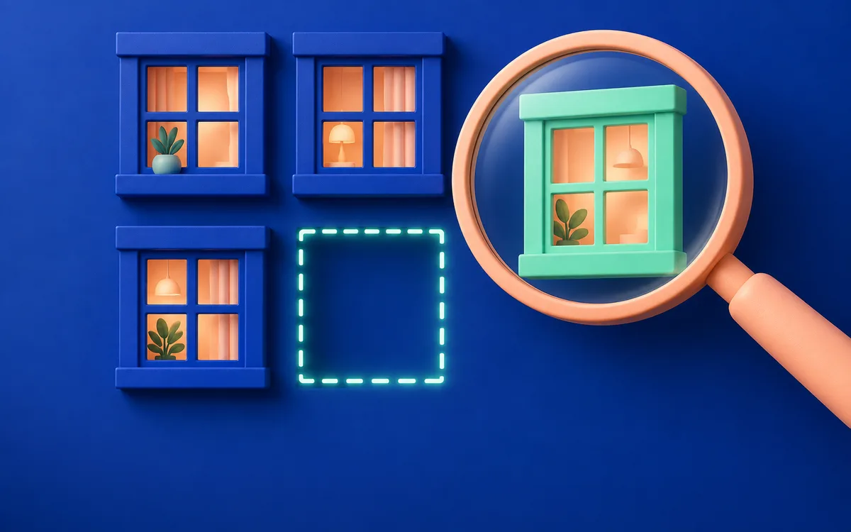 Ilustración de una lupa que encuentra una ventana en un selector para compartir.