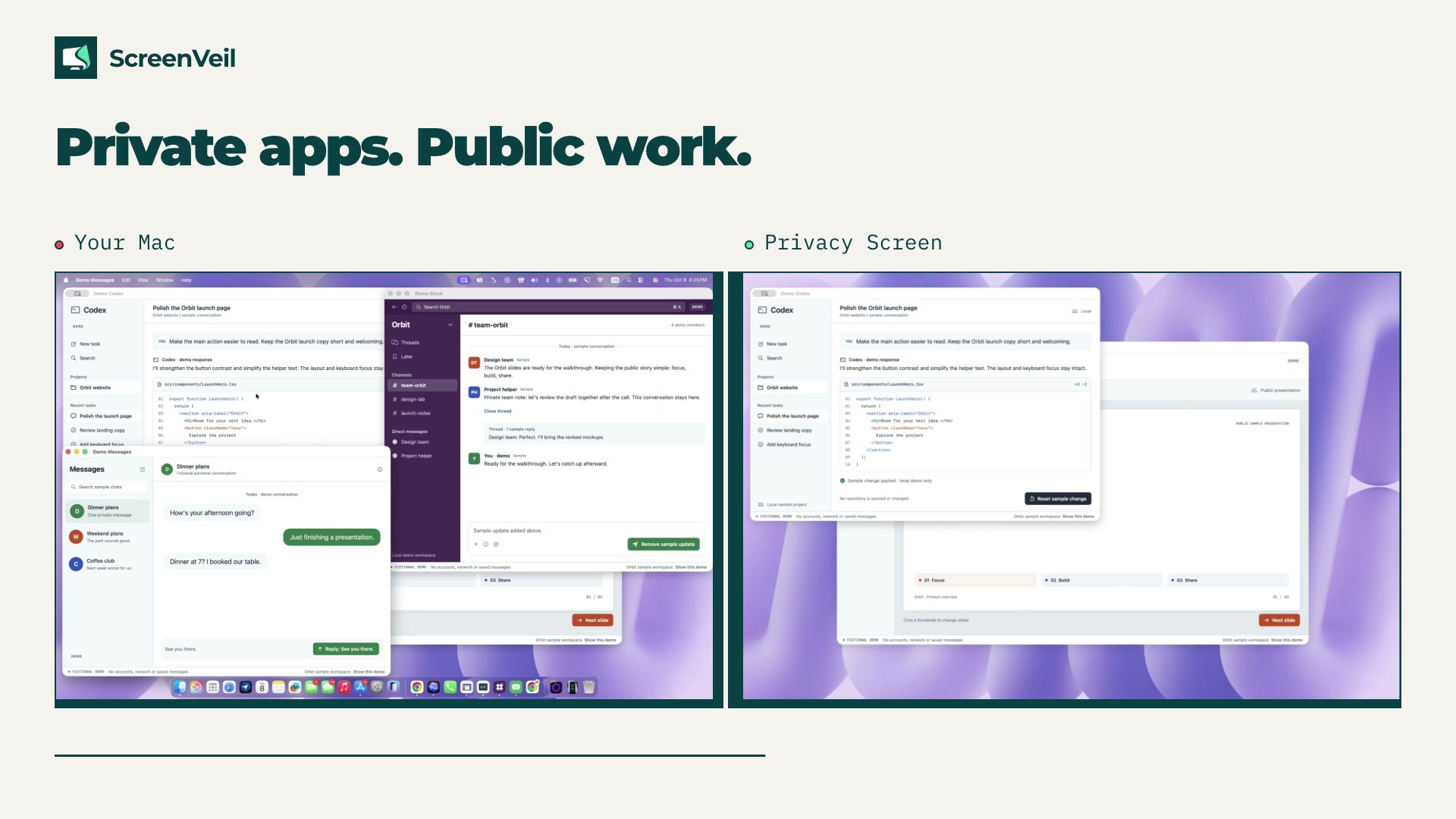 Demo de ScreenVeil con apps de trabajo y privadas en un Mac, junto a la salida de la ventana Privacy Screen.